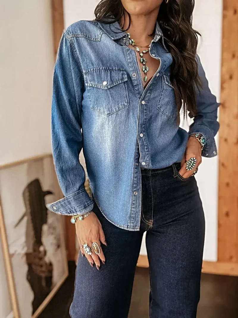Gewassen denim overhemd met knoopsluiting voor heren - Met zakken, klassieke pasvorm, duurzame katoenmix