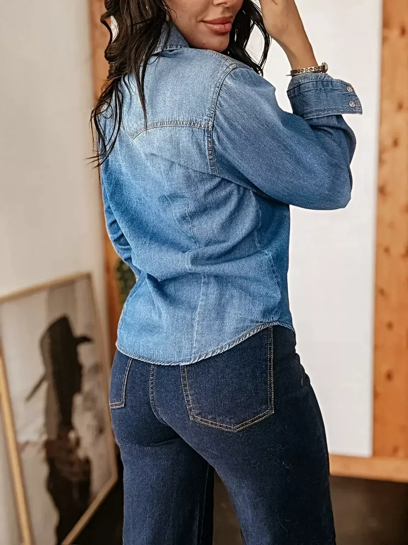 Gewassen denim overhemd met knoopsluiting voor heren - Met zakken, klassieke pasvorm, duurzame katoenmix
