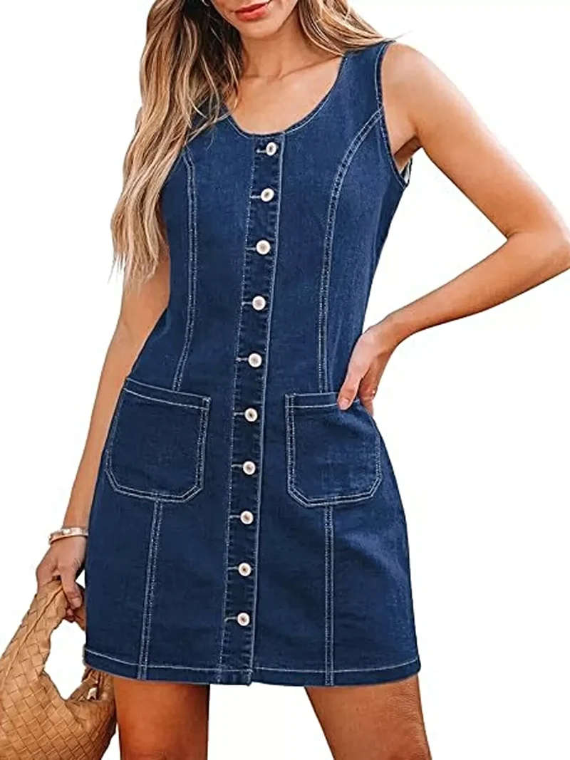 Stijlvolle mouwloze denim jurk met knoopsluiting aan de voorkant en zakken - 95% katoen, 5% spandex