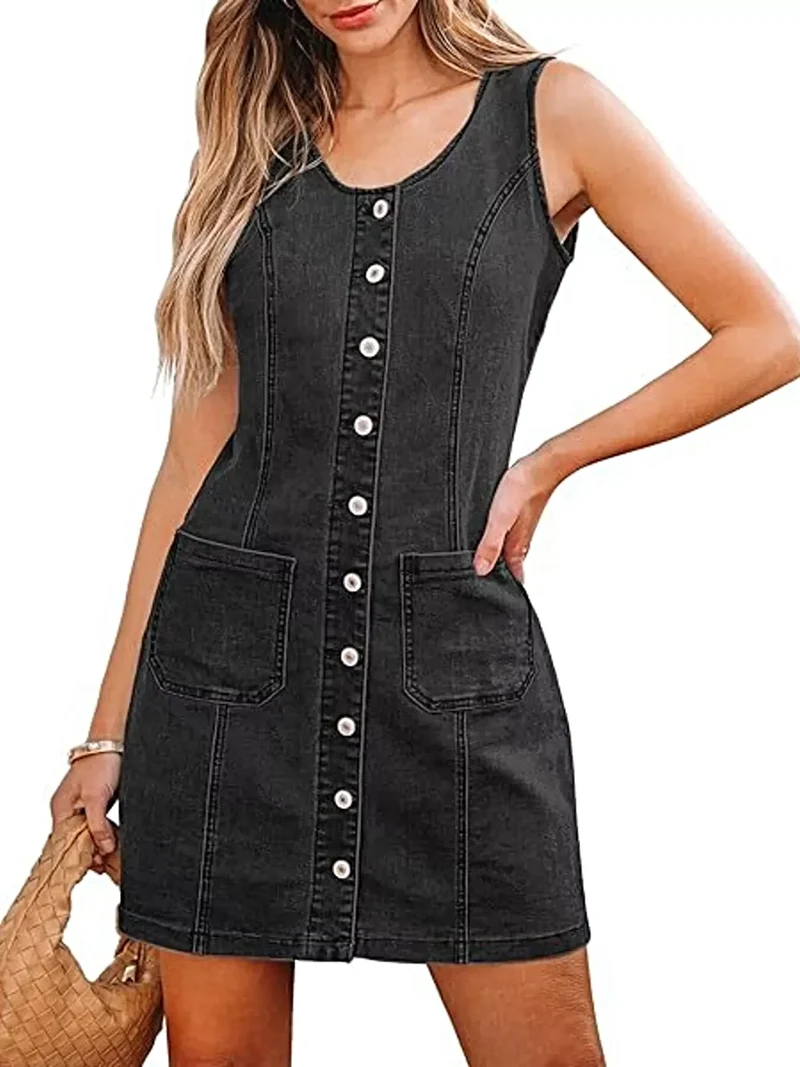 Stijlvolle mouwloze denim jurk met knoopsluiting aan de voorkant en zakken - 95% katoen, 5% spandex