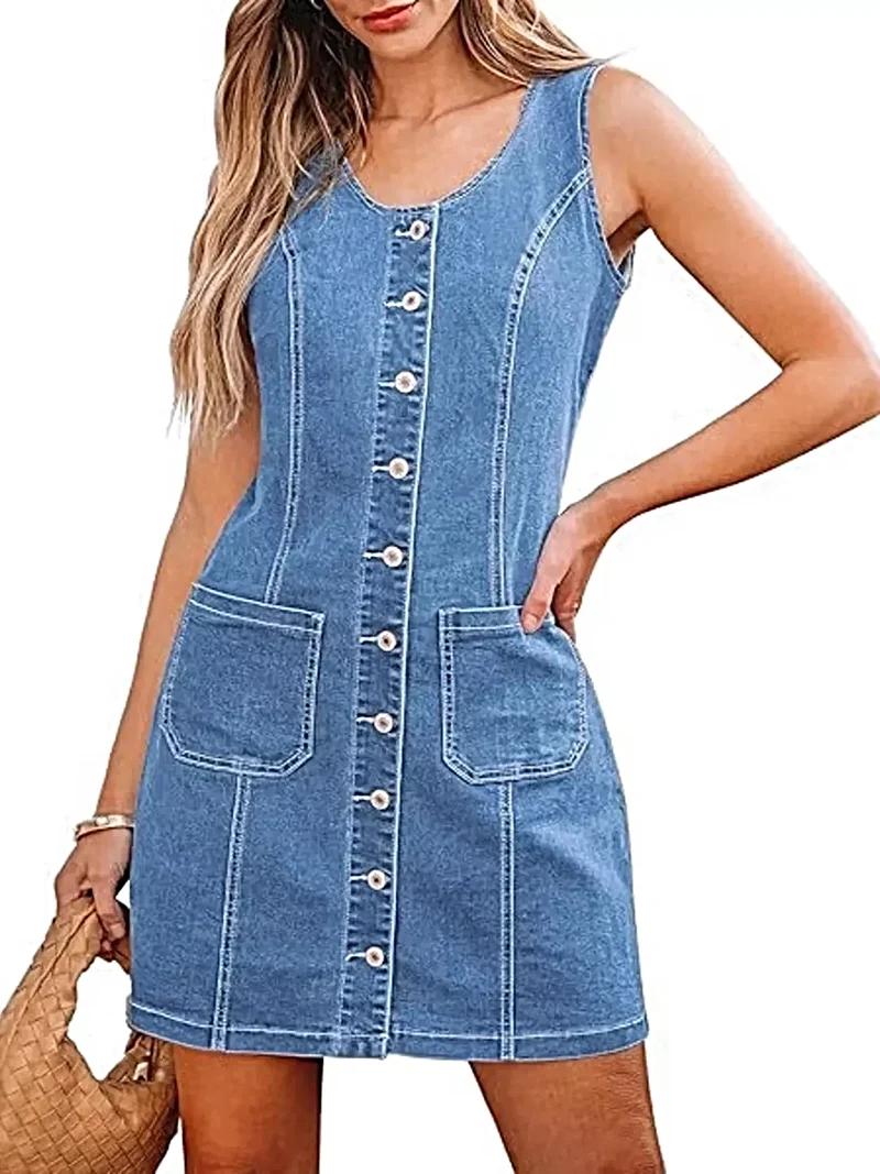 Stijlvolle mouwloze denim jurk met knoopsluiting aan de voorkant en zakken - 95% katoen, 5% spandex