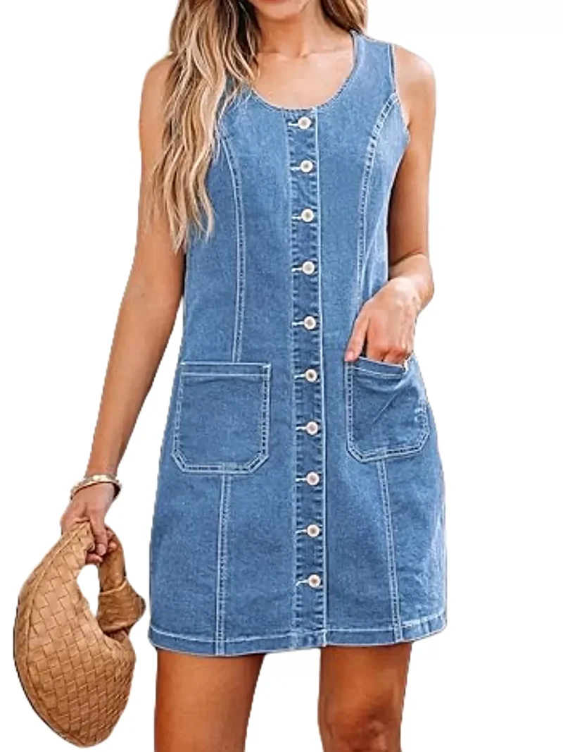 Stijlvolle mouwloze denim jurk met knoopsluiting aan de voorkant en zakken - 95% katoen, 5% spandex