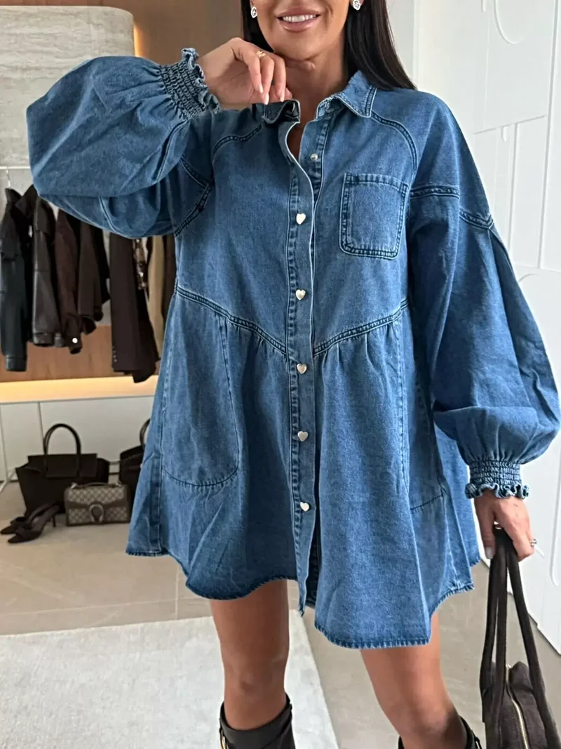 Luxe denim jurk met knoopsluiting, voorzakken en geplooide ruches, 65% katoen