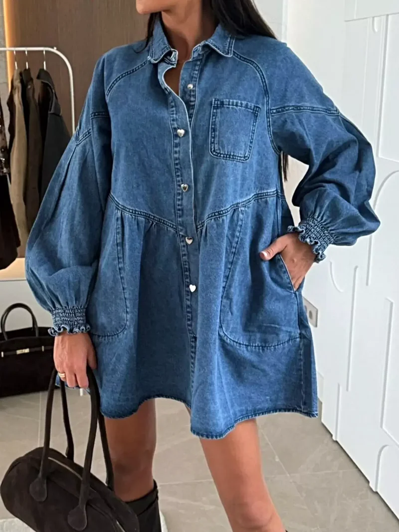 Luxe denim jurk met knoopsluiting, voorzakken en geplooide ruches, 65% katoen