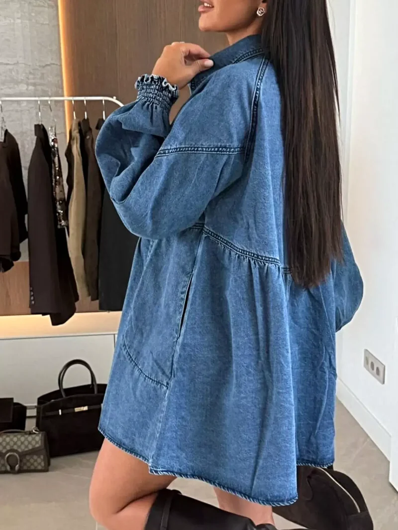 Luxe denim jurk met knoopsluiting, voorzakken en geplooide ruches, 65% katoen