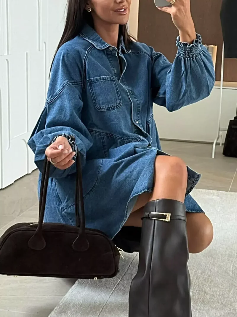 Luxe denim jurk met knoopsluiting, voorzakken en geplooide ruches, 65% katoen