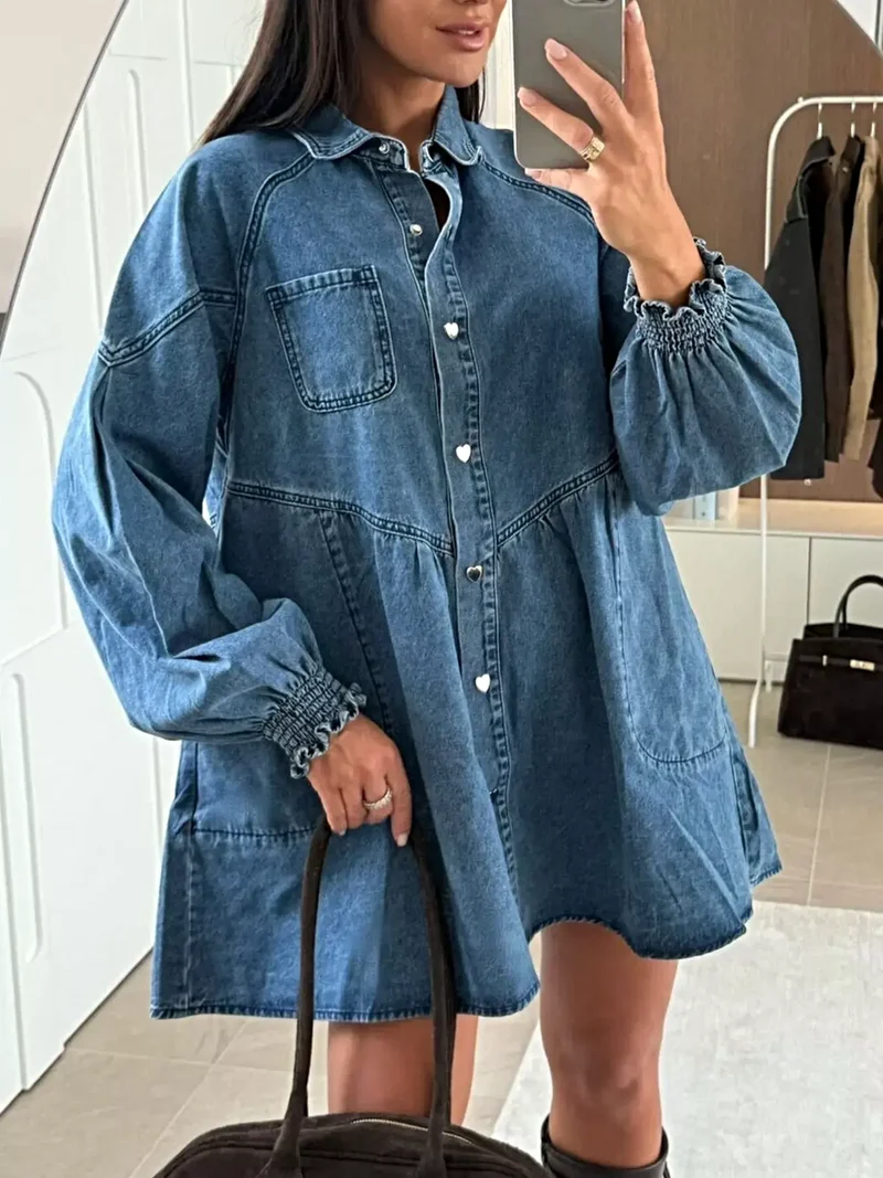 Luxe denim jurk met knoopsluiting, voorzakken en geplooide ruches, 65% katoen