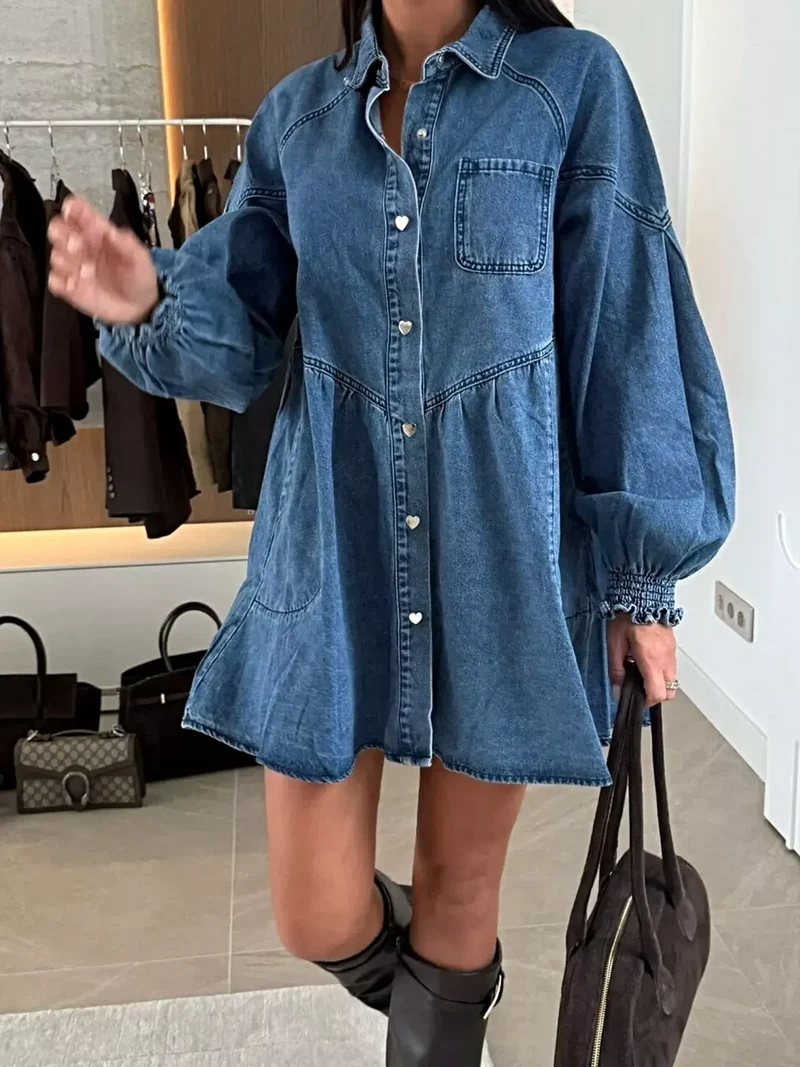 Luxe denim jurk met knoopsluiting, voorzakken en geplooide ruches, 65% katoen
