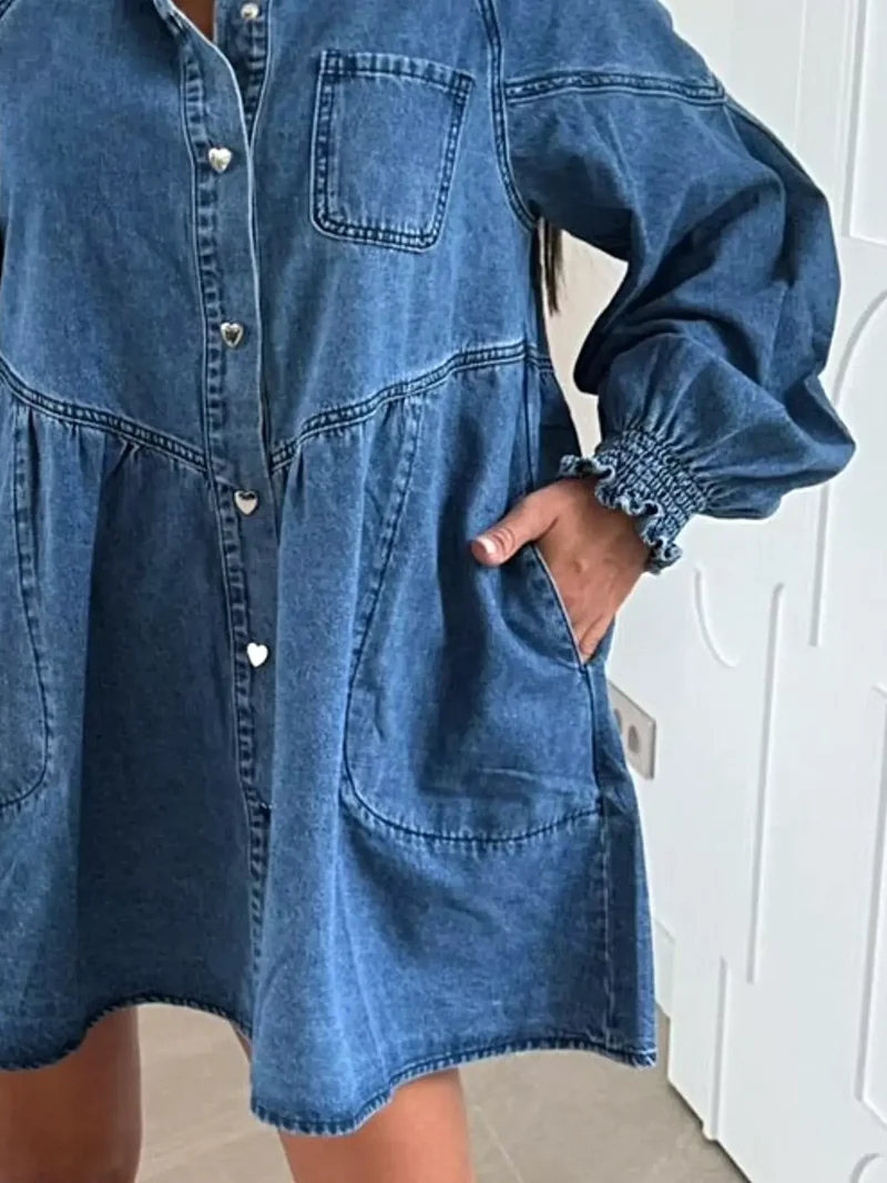 Luxe denim jurk met knoopsluiting, voorzakken en geplooide ruches, 65% katoen