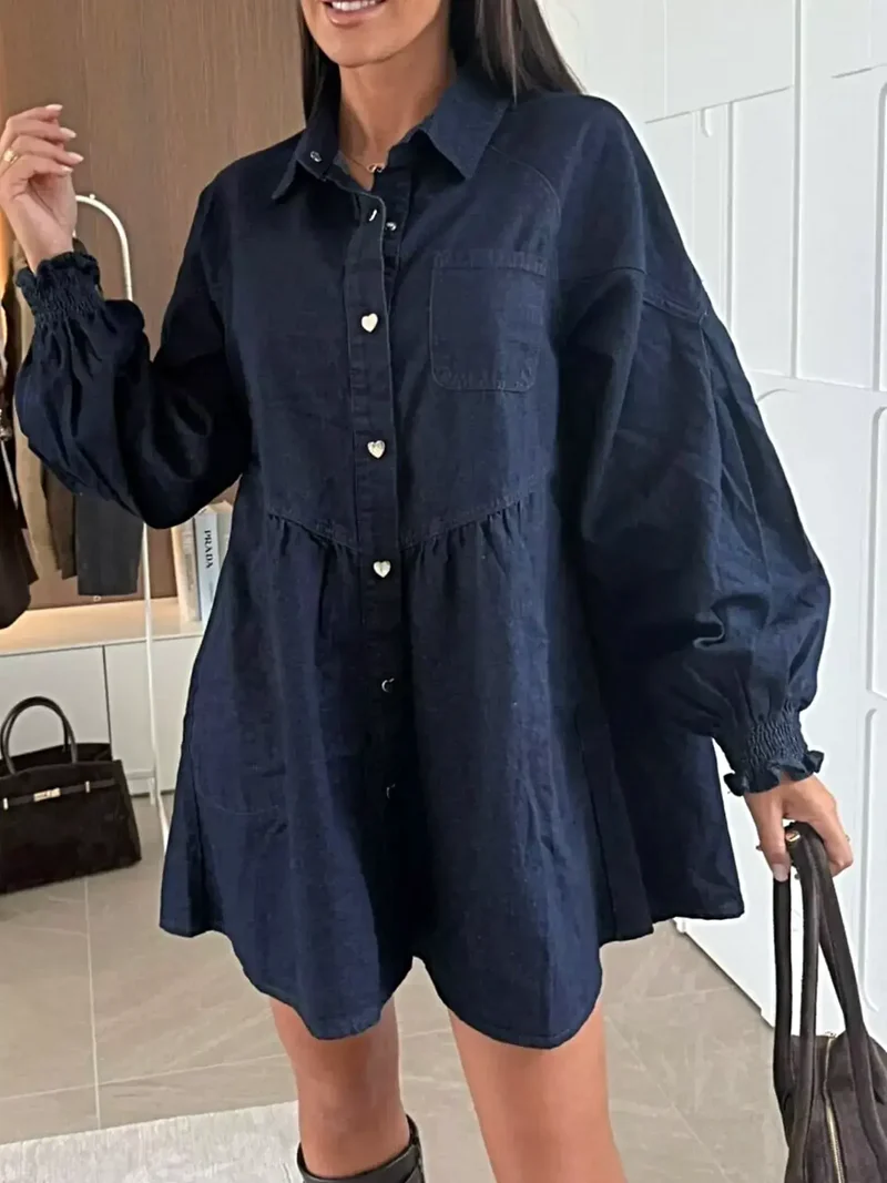 Luxe denim jurk met knoopsluiting, voorzakken en geplooide ruches, 65% katoen