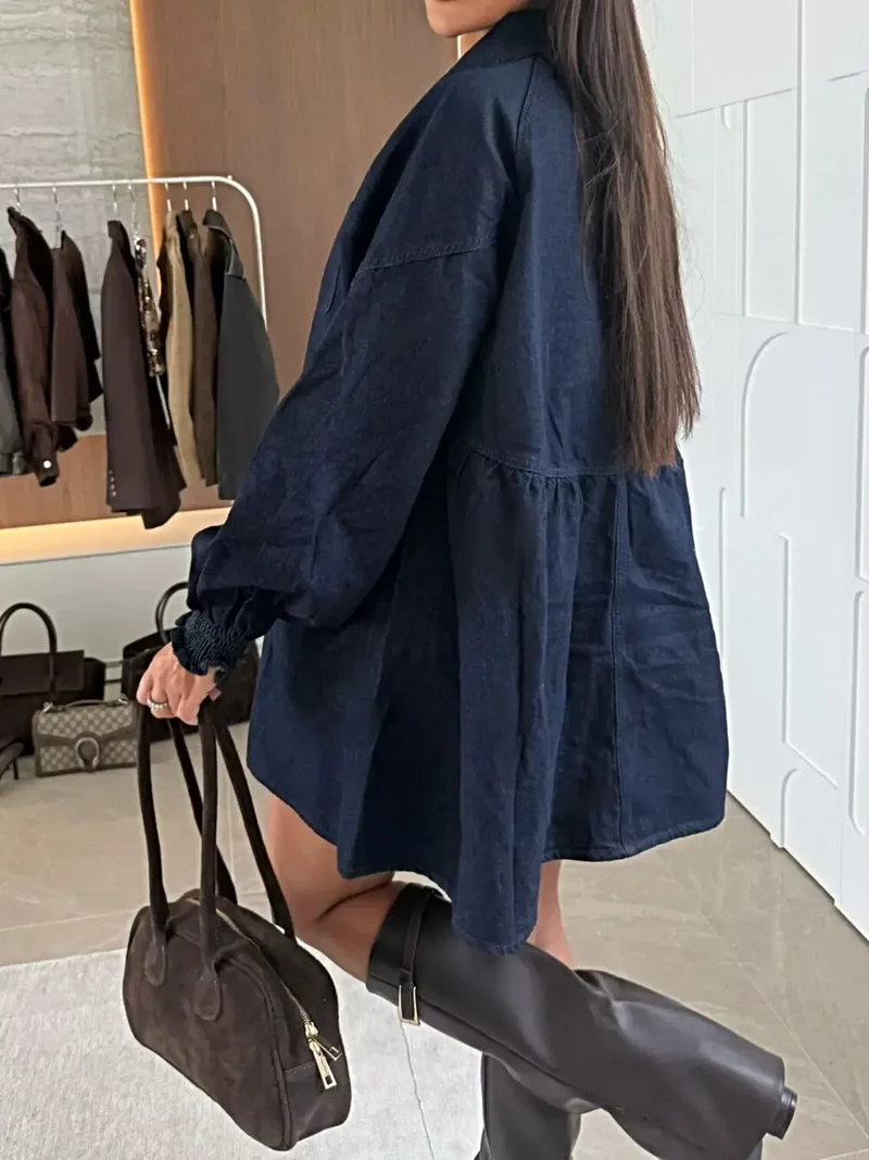 Luxe denim jurk met knoopsluiting, voorzakken en geplooide ruches, 65% katoen