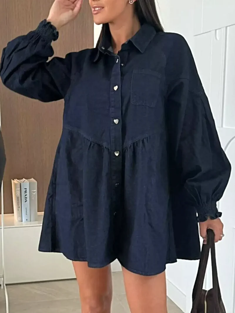 Luxe denim jurk met knoopsluiting, voorzakken en geplooide ruches, 65% katoen