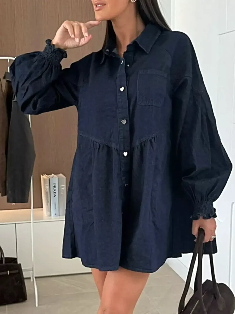 Luxe denim jurk met knoopsluiting, voorzakken en geplooide ruches, 65% katoen