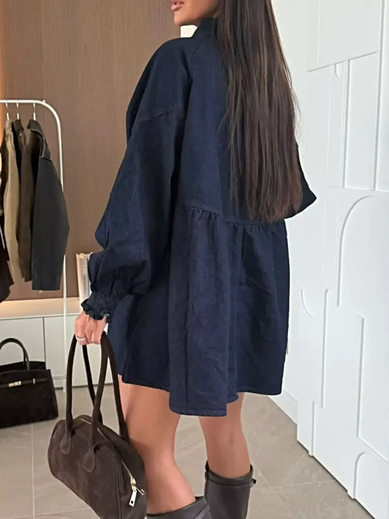 Luxe denim jurk met knoopsluiting, voorzakken en geplooide ruches, 65% katoen