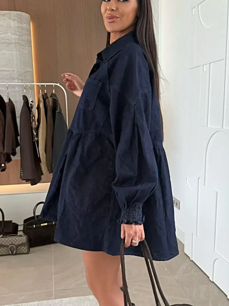 Luxe denim jurk met knoopsluiting, voorzakken en geplooide ruches, 65% katoen
