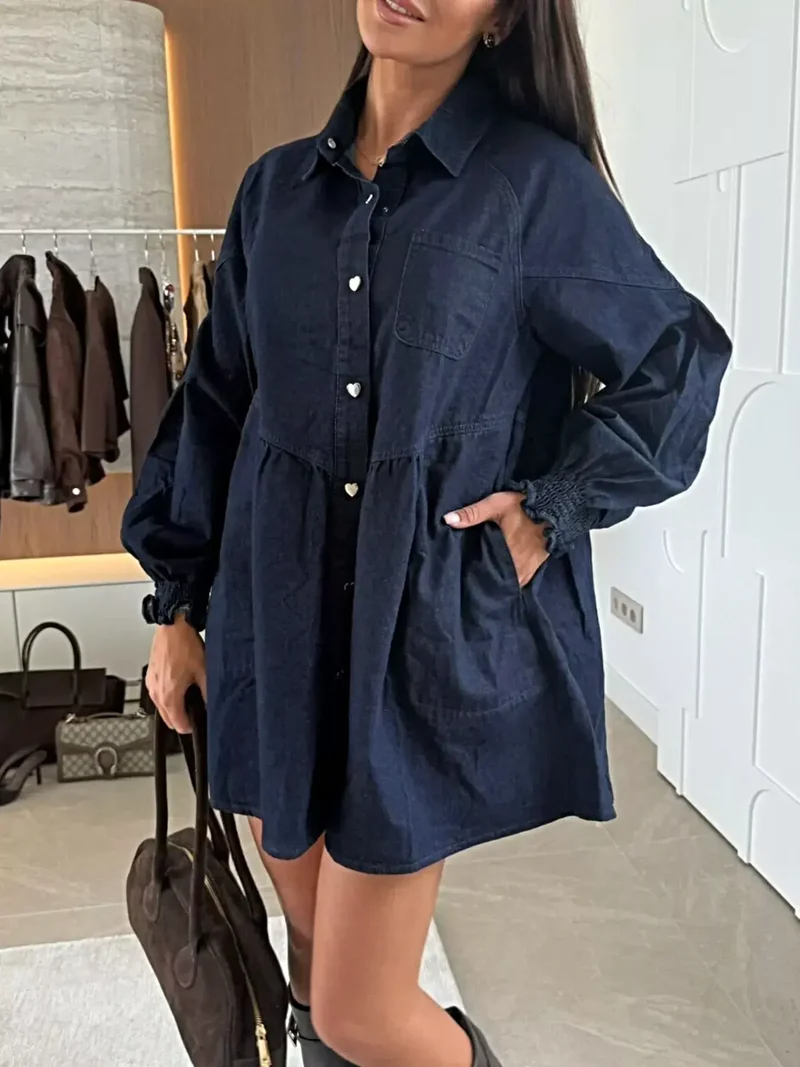 Luxe denim jurk met knoopsluiting, voorzakken en geplooide ruches, 65% katoen