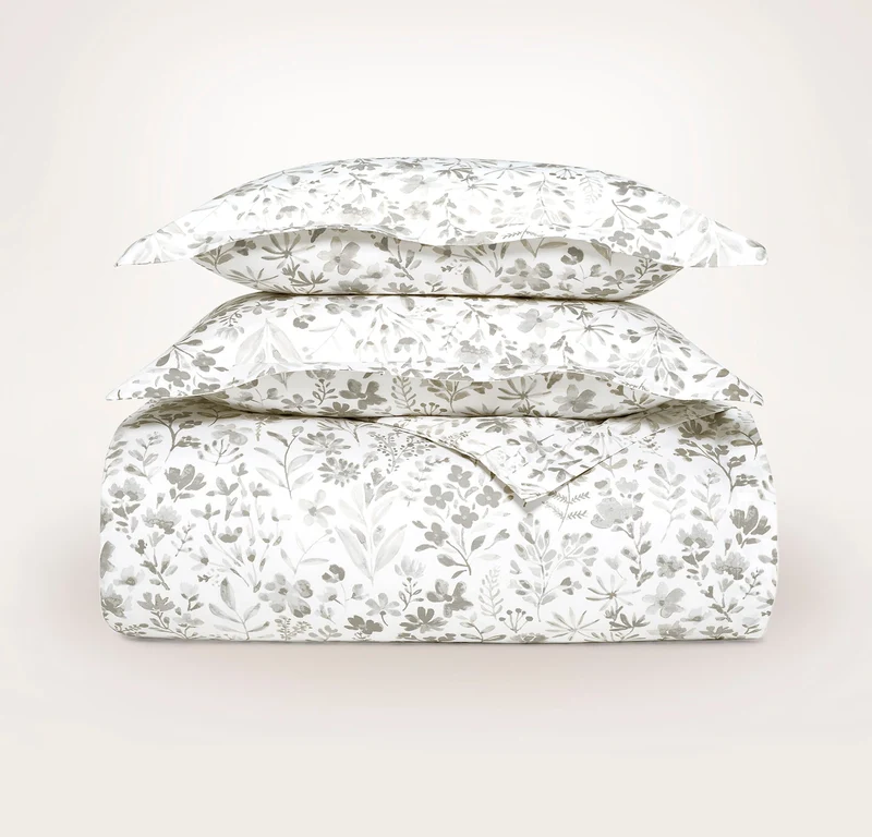 Signature Hemmed Duvet Set - Pewter Botanical
