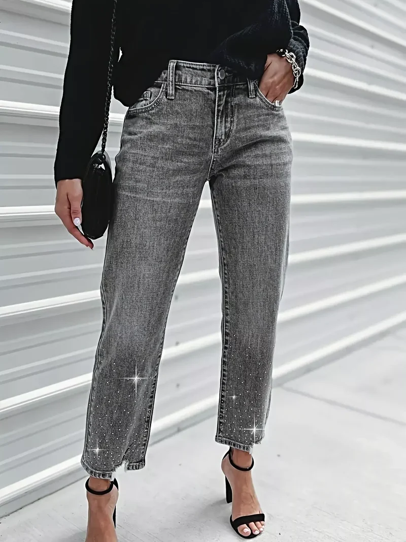 Luxe cropped jeans met strasssteentjes en onafgewerkte zoom – licht elastisch, 85% katoenmix