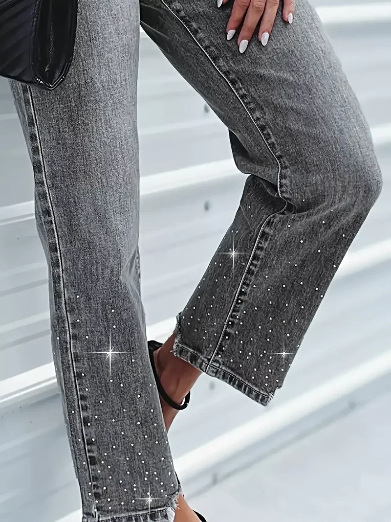 Luxe cropped jeans met strasssteentjes en onafgewerkte zoom – licht elastisch, 85% katoenmix