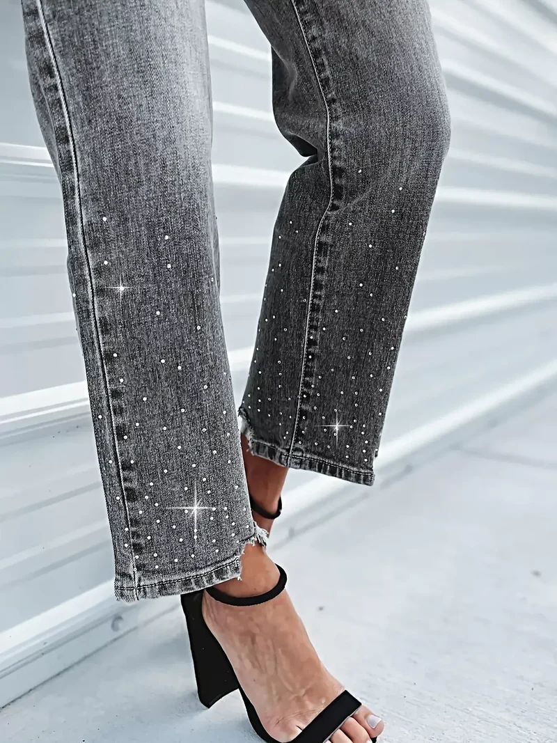 Luxe cropped jeans met strasssteentjes en onafgewerkte zoom – licht elastisch, 85% katoenmix