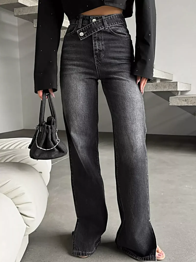 Stijlvolle jeans met hoge taille en split aan de zoom - Klassieke pasvorm, 85% katoen, geen stretch
