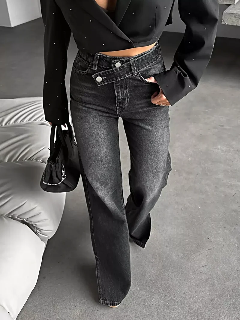 Stijlvolle jeans met hoge taille en split aan de zoom - Klassieke pasvorm, 85% katoen, geen stretch