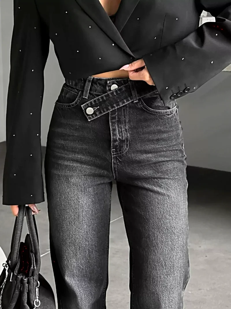 Stijlvolle jeans met hoge taille en split aan de zoom - Klassieke pasvorm, 85% katoen, geen stretch