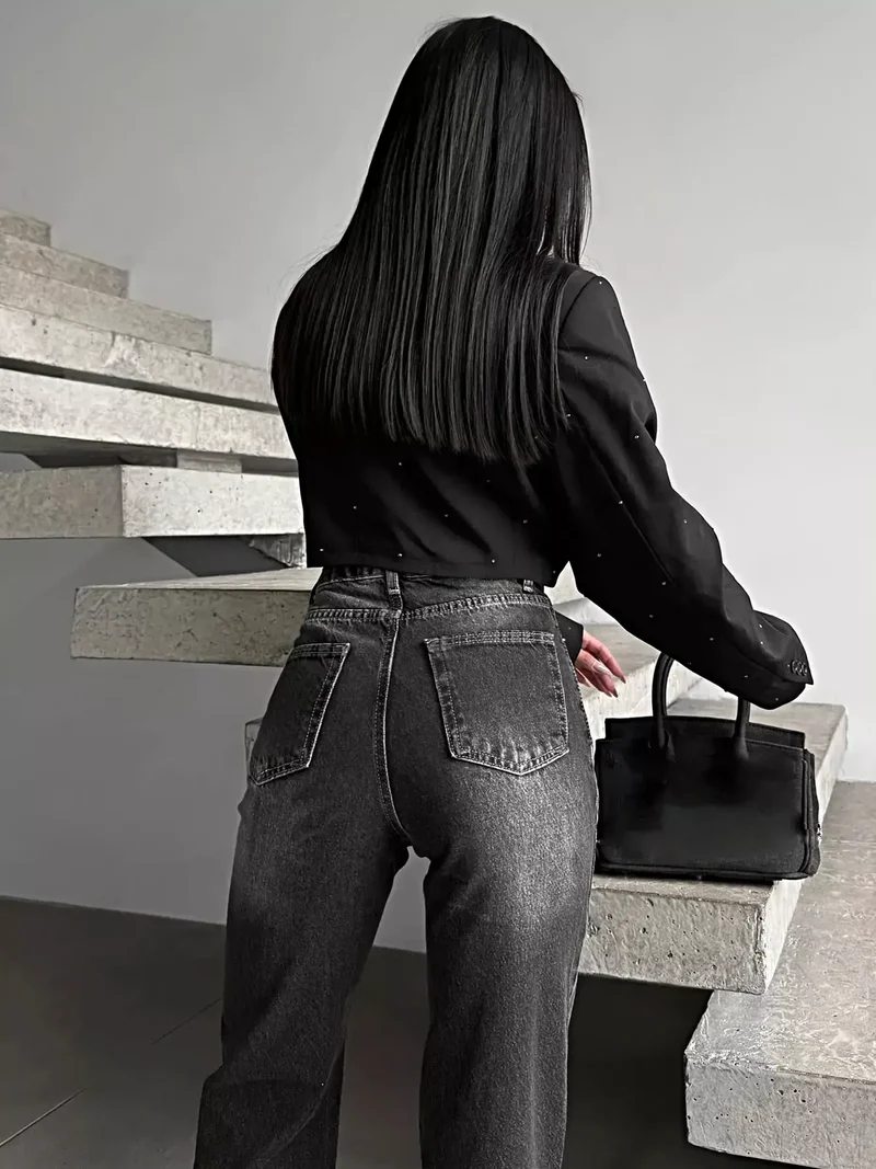 Stijlvolle jeans met hoge taille en split aan de zoom - Klassieke pasvorm, 85% katoen, geen stretch