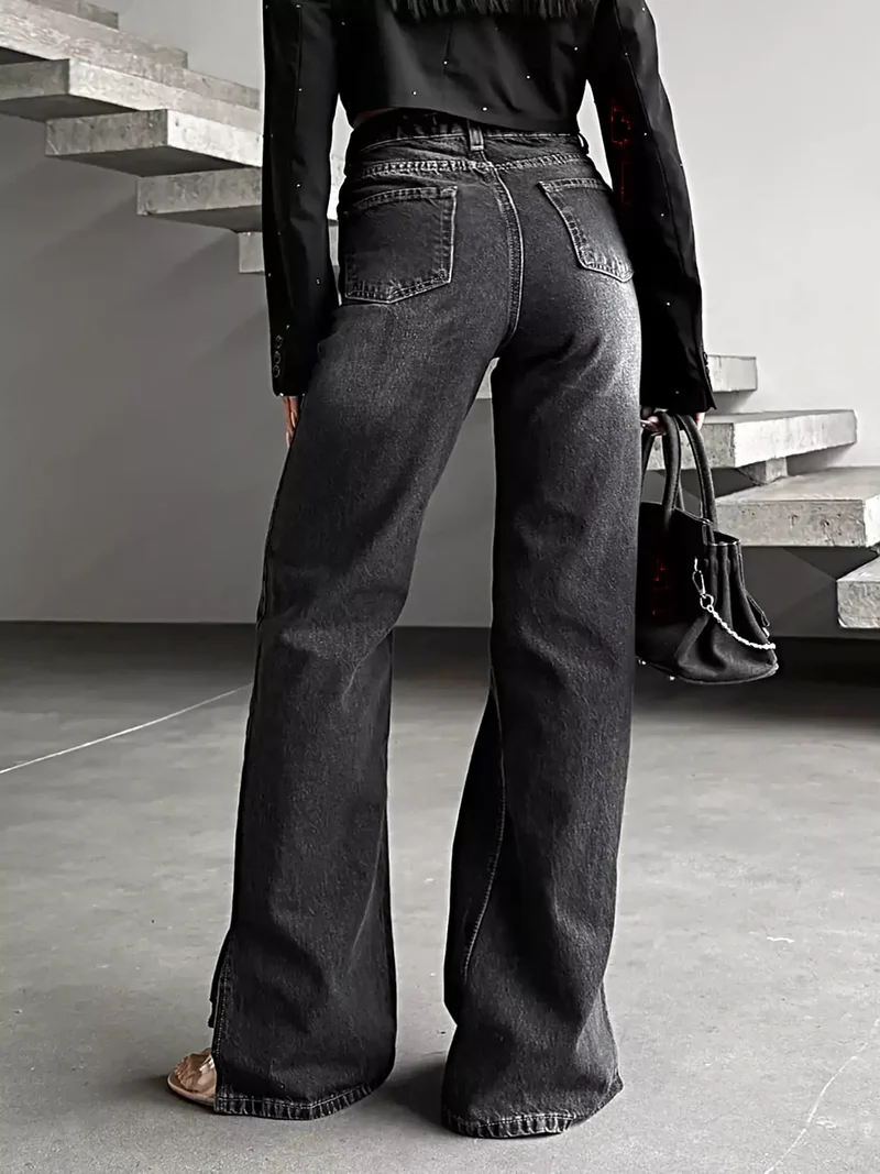 Stijlvolle jeans met hoge taille en split aan de zoom - Klassieke pasvorm, 85% katoen, geen stretch