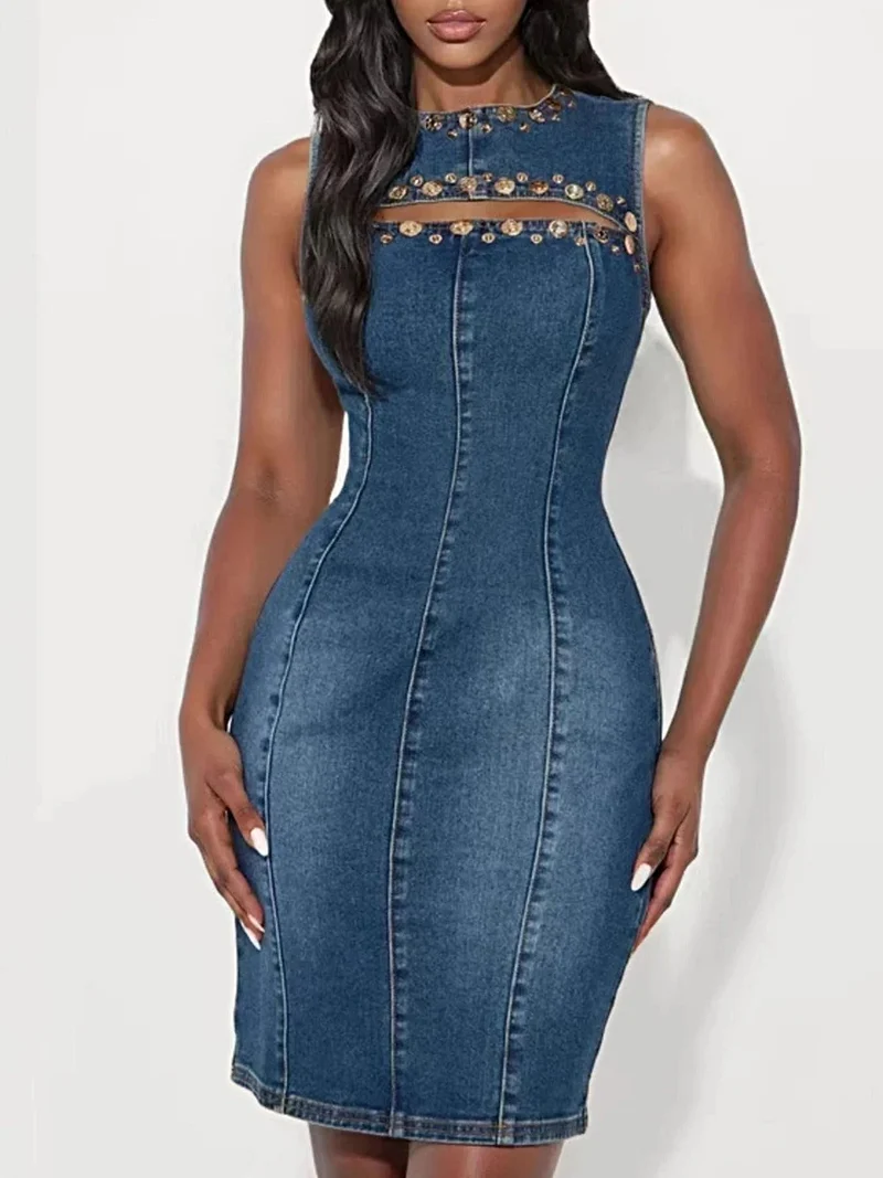 Stijlvolle mouwloze denim jurk met decoratieve uitsnijdingen - Licht elastisch ontwerp