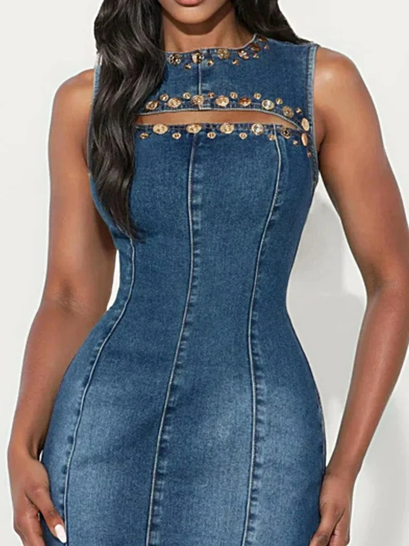 Stijlvolle mouwloze denim jurk met decoratieve uitsnijdingen - Licht elastisch ontwerp