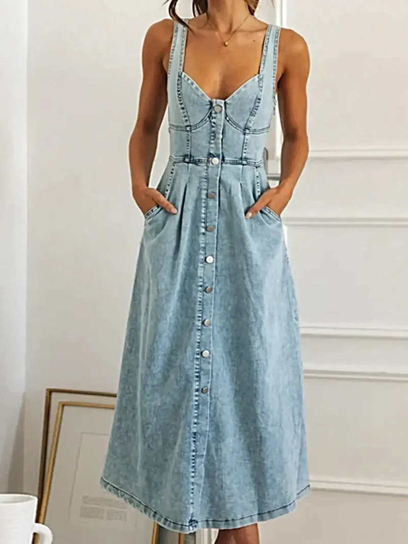 Midi-jurk van denim met sweetheart-halslijn, knoopsluiting aan de voorkant en zakken - Chique alledaagse kleding