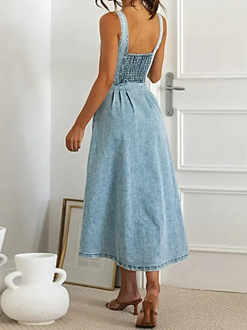 Midi-jurk van denim met sweetheart-halslijn, knoopsluiting aan de voorkant en zakken - Chique alledaagse kleding
