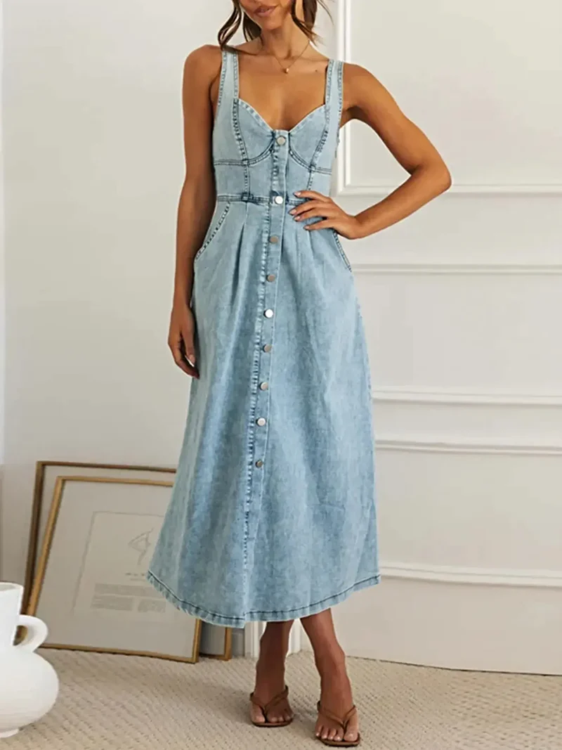 Midi-jurk van denim met sweetheart-halslijn, knoopsluiting aan de voorkant en zakken - Chique alledaagse kleding