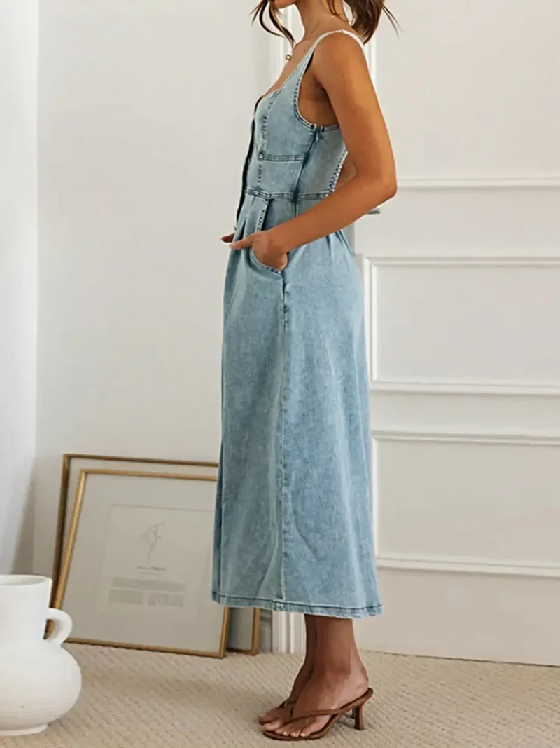 Midi-jurk van denim met sweetheart-halslijn, knoopsluiting aan de voorkant en zakken - Chique alledaagse kleding