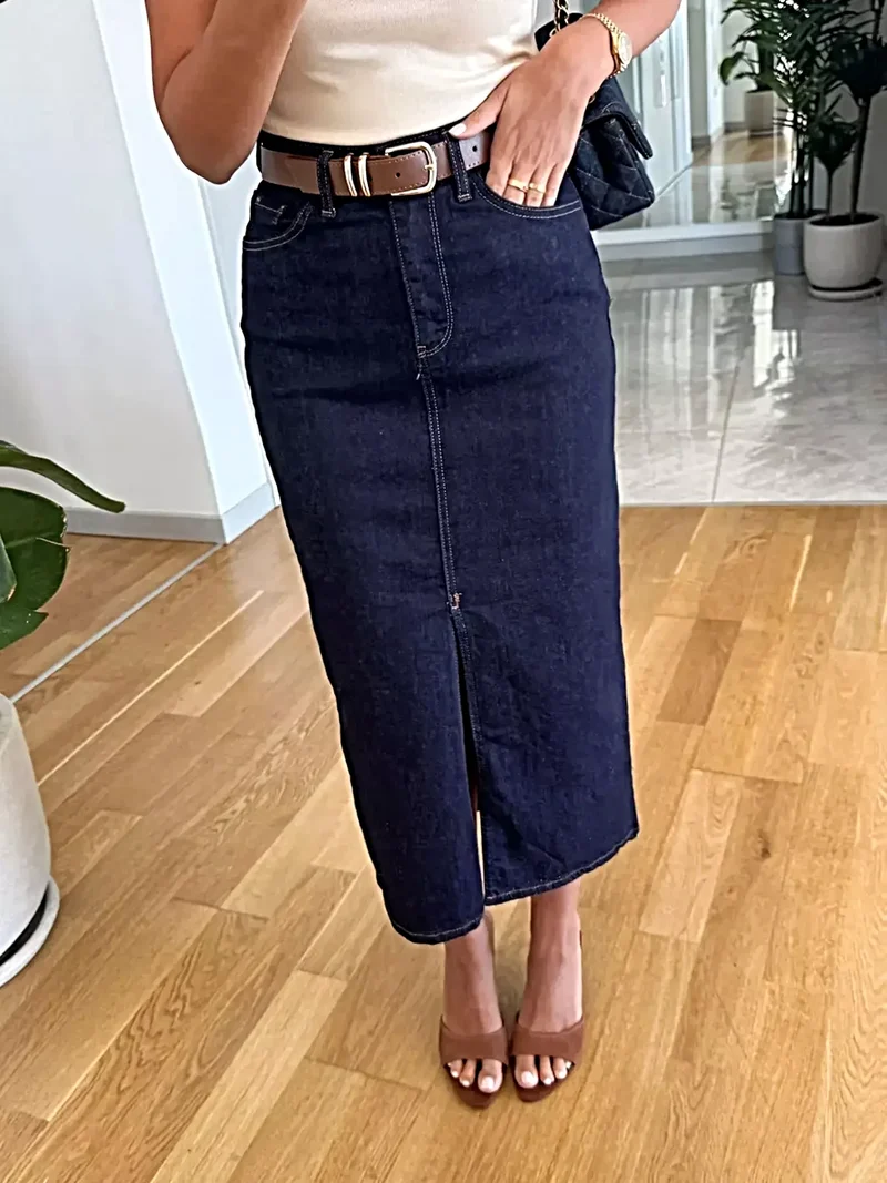Elegante denim rok met split aan de voorkant en knoopdetails - Klassieke stijl, 85% katoenmix