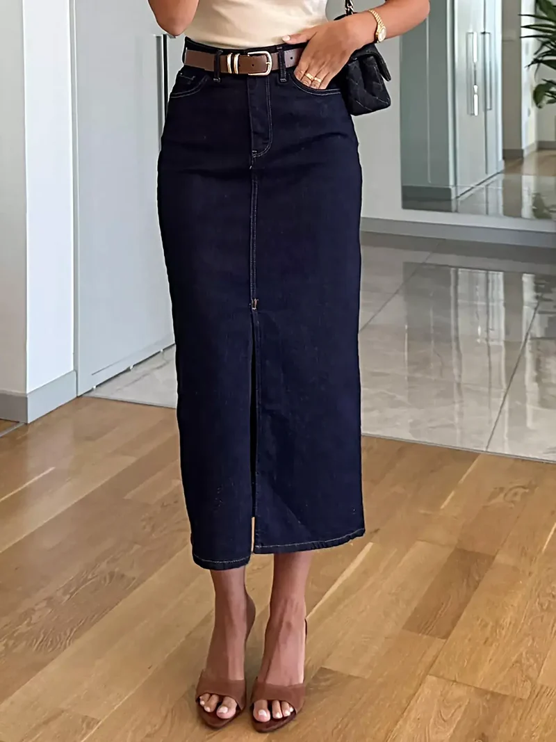 Elegante denim rok met split aan de voorkant en knoopdetails - Klassieke stijl, 85% katoenmix