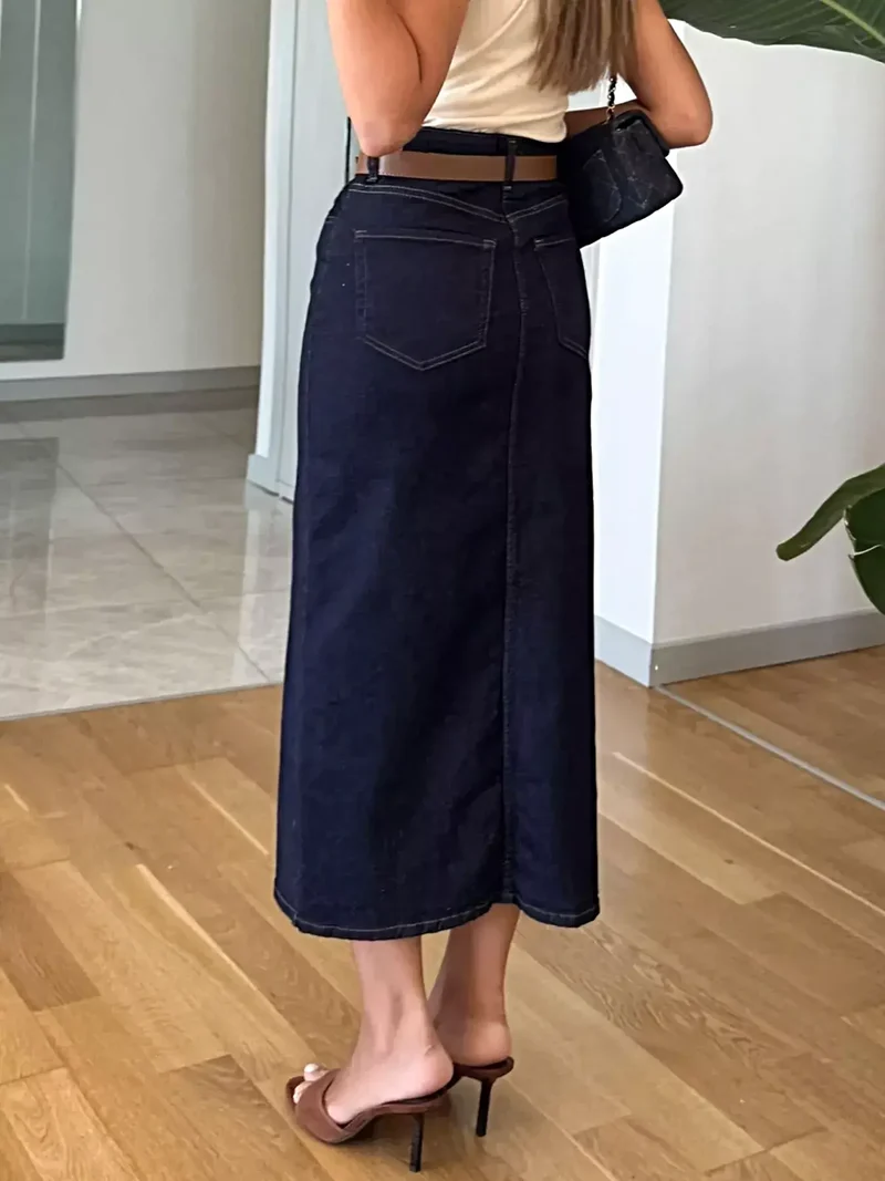 Elegante denim rok met split aan de voorkant en knoopdetails - Klassieke stijl, 85% katoenmix