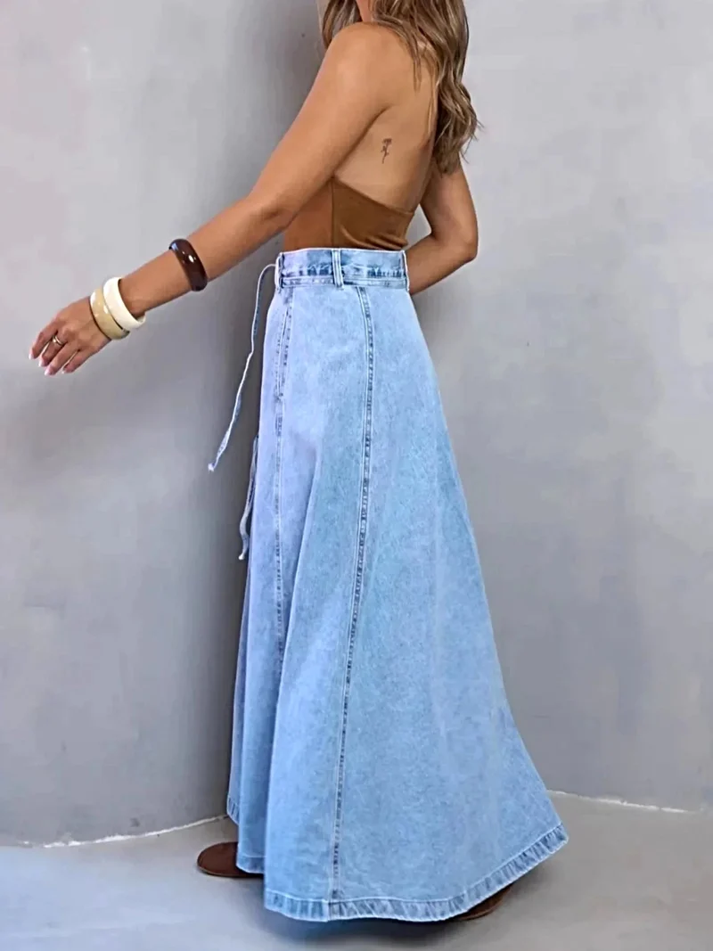 Luxe denim rok met hoge taille en riem, 95% katoen, niet elastisch, perfecte pasvorm