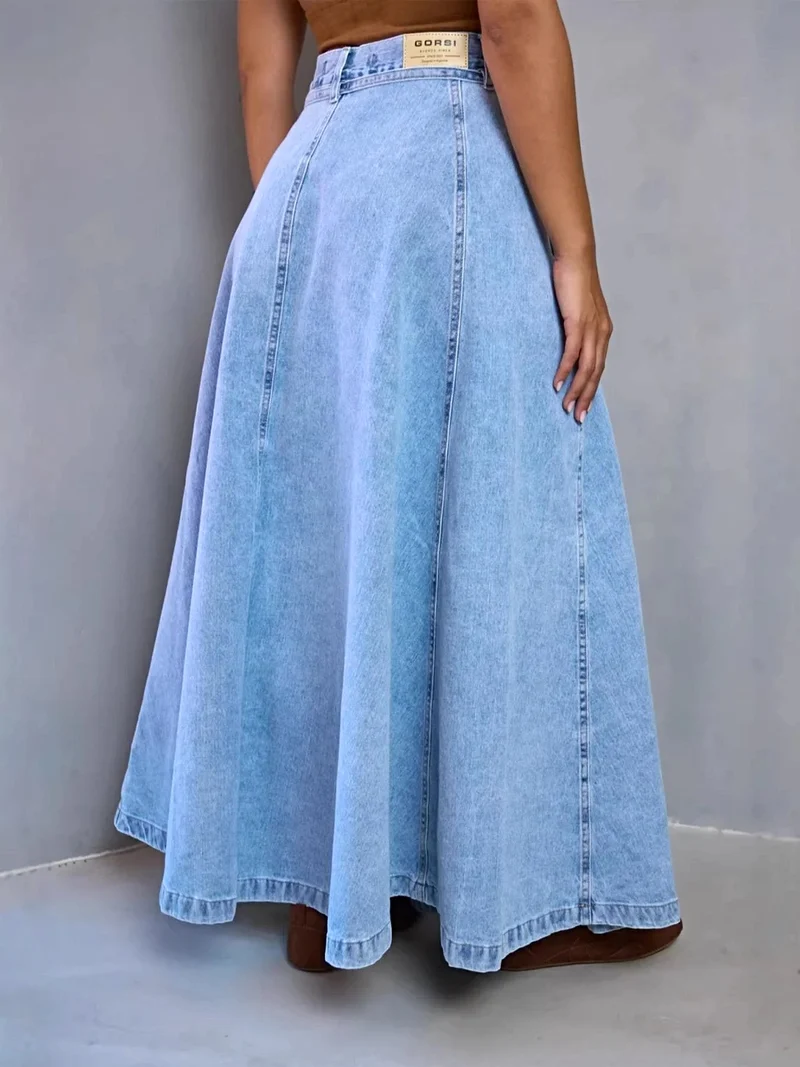 Luxe denim rok met hoge taille en riem, 95% katoen, niet elastisch, perfecte pasvorm