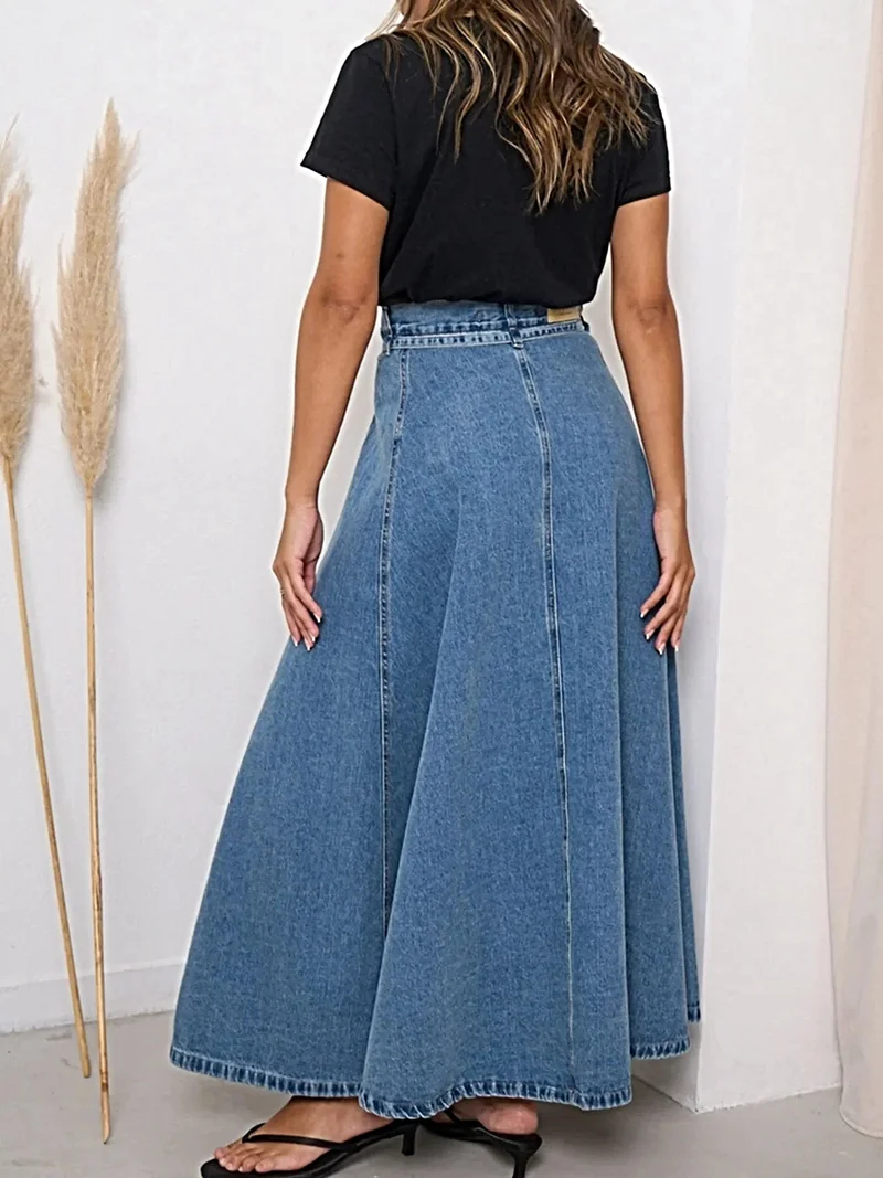 Luxe denim rok met hoge taille en riem, 95% katoen, niet elastisch, perfecte pasvorm