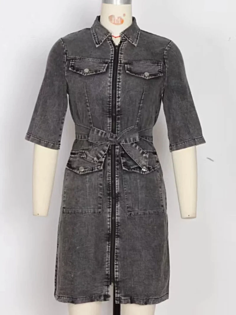 Denim jurk met ritssluiting aan de voorkant, korte mouwen, knoopsluiting en zakken.