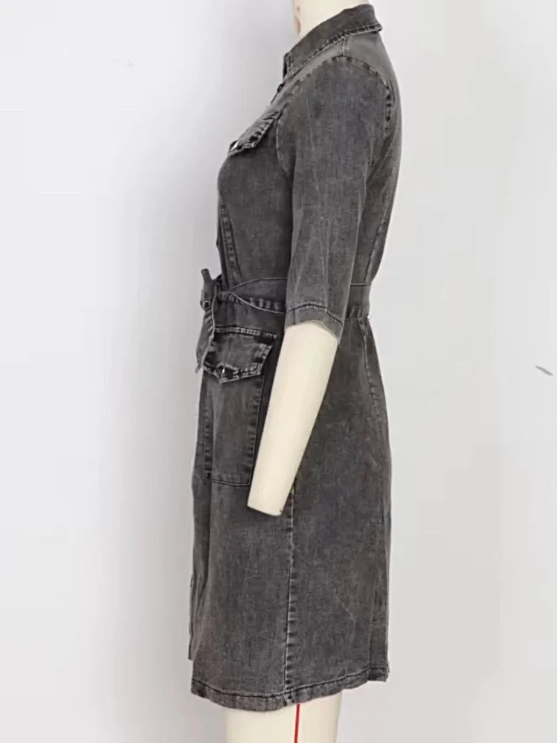 Denim jurk met ritssluiting aan de voorkant, korte mouwen, knoopsluiting en zakken.