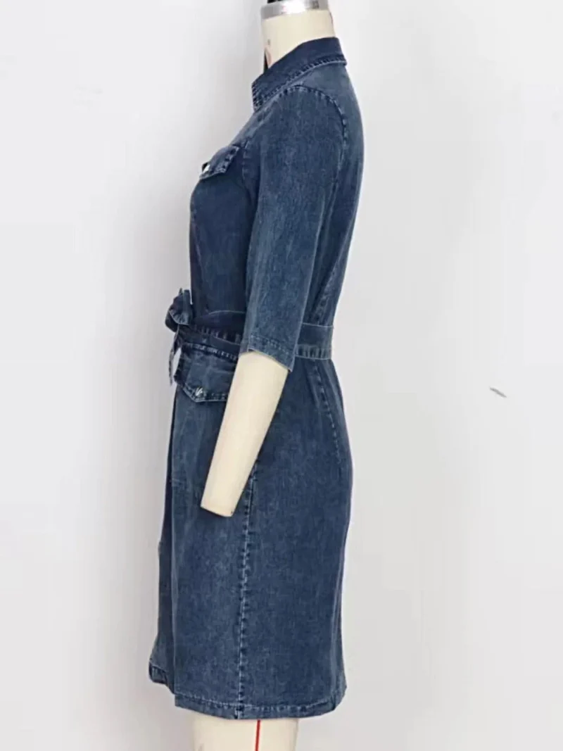 Denim jurk met ritssluiting aan de voorkant, korte mouwen, knoopsluiting en zakken.