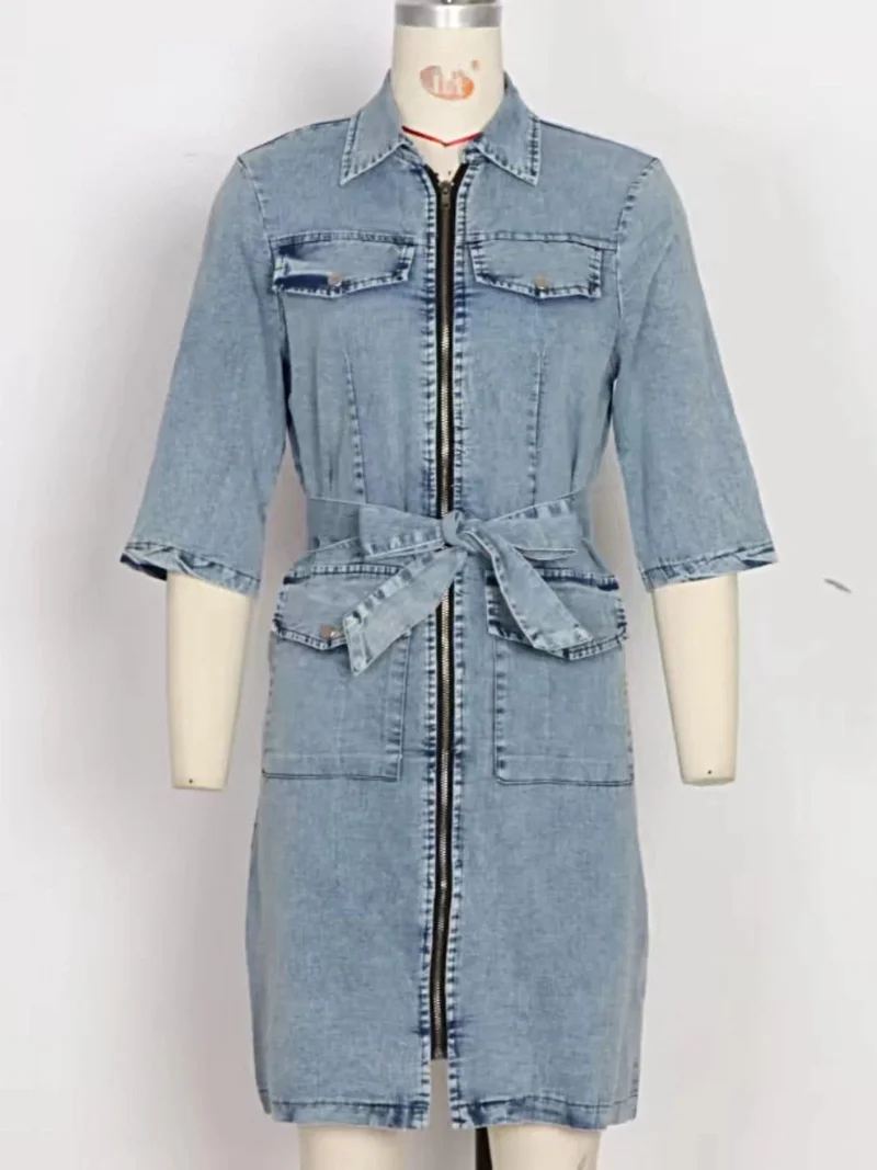 Denim jurk met ritssluiting aan de voorkant, korte mouwen, knoopsluiting en zakken.