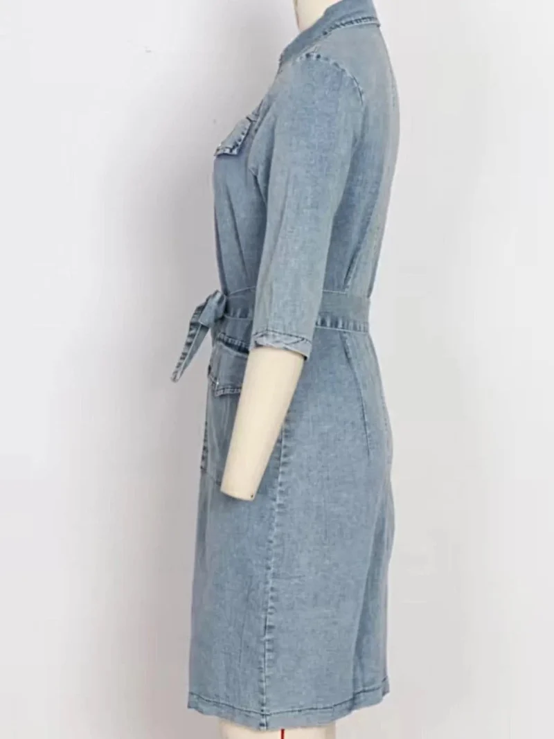 Denim jurk met ritssluiting aan de voorkant, korte mouwen, knoopsluiting en zakken.