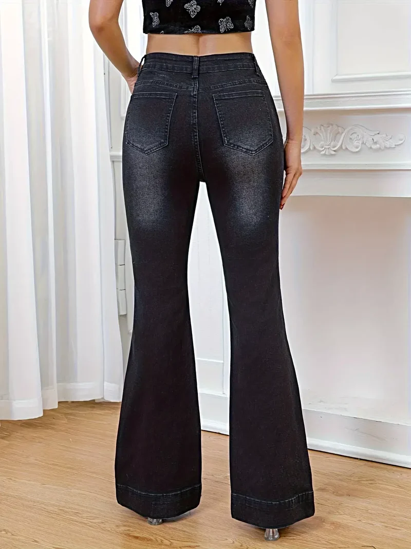 Stijlvolle flared jeans met strasssteentjes voor dames - licht elastisch, met knoopsluiting, trendy design