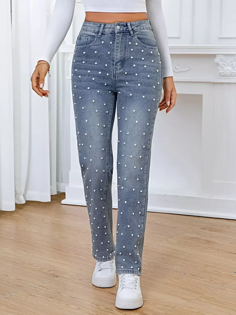 Luxe jeans met hoge taille, versierd met parels, gemaakt van een niet-elastische katoenmix en voorzien van zakken.