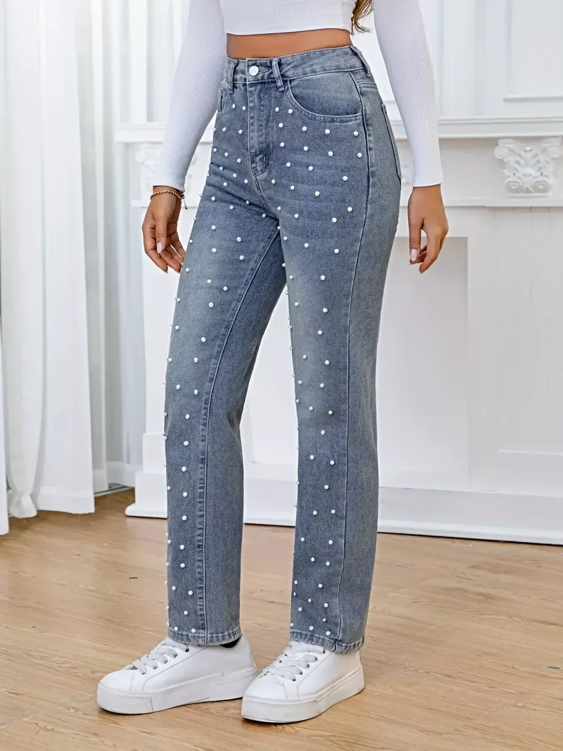 Luxe jeans met hoge taille, versierd met parels, gemaakt van een niet-elastische katoenmix en voorzien van zakken.