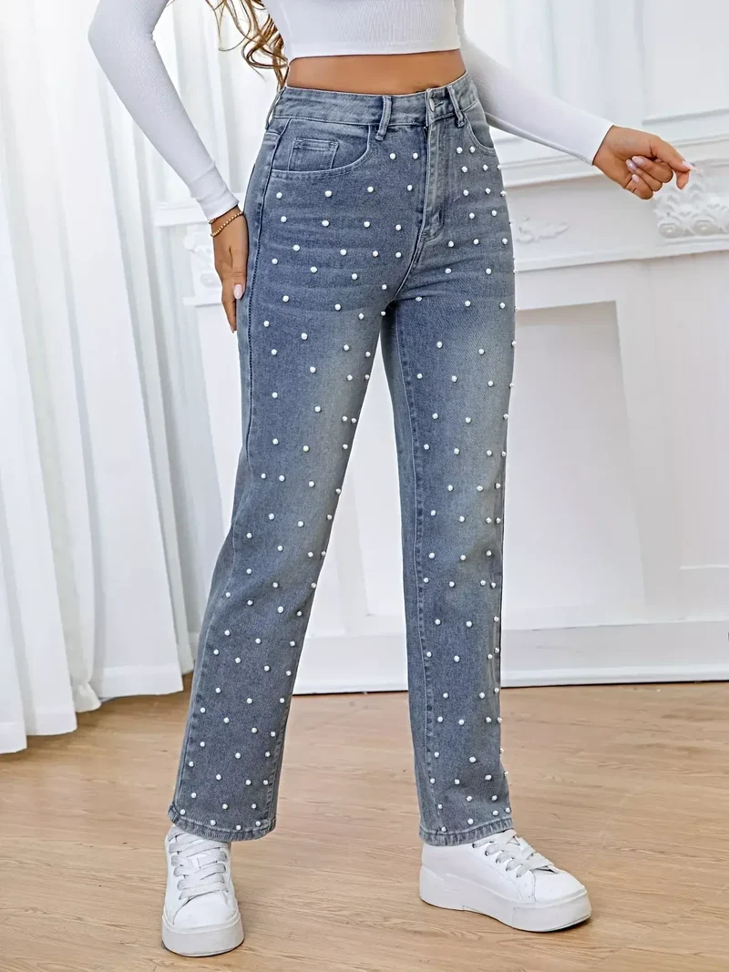 Luxe jeans met hoge taille, versierd met parels, gemaakt van een niet-elastische katoenmix en voorzien van zakken.